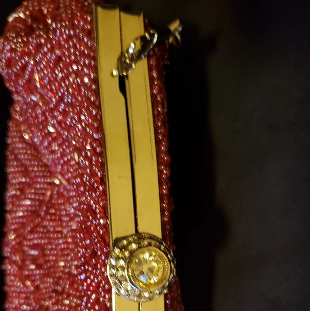 Red Beaded Clutch with Silvertone Chain Strap